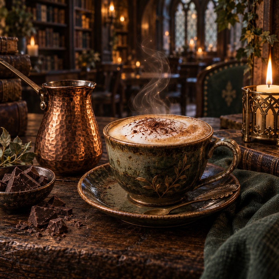 Cappuccino et chocolat dans une librairie fantastique