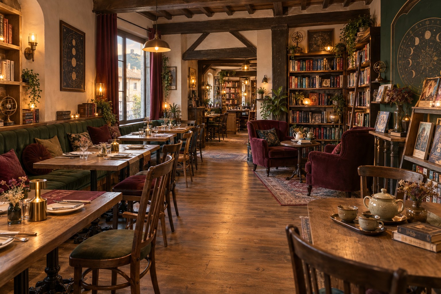 Vue conceptuelle d’une salle chaleureuse avec tables, banquettes, fauteuils et bibliothèques