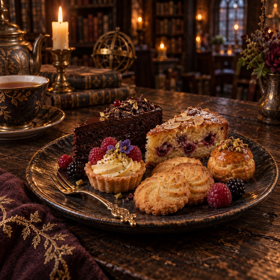 Assortiment de gâteaux et biscuits dans un décor fantastique