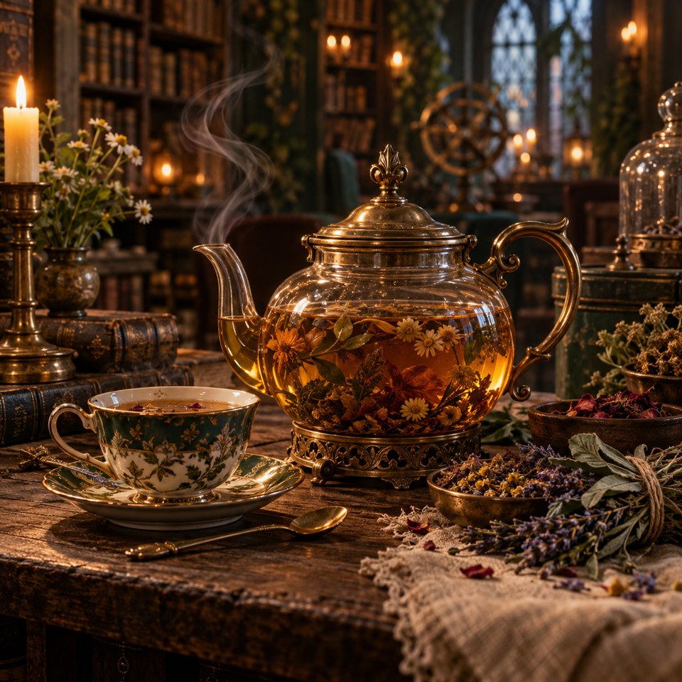 Théière en verre, tisane et plantes d’herboristerie
