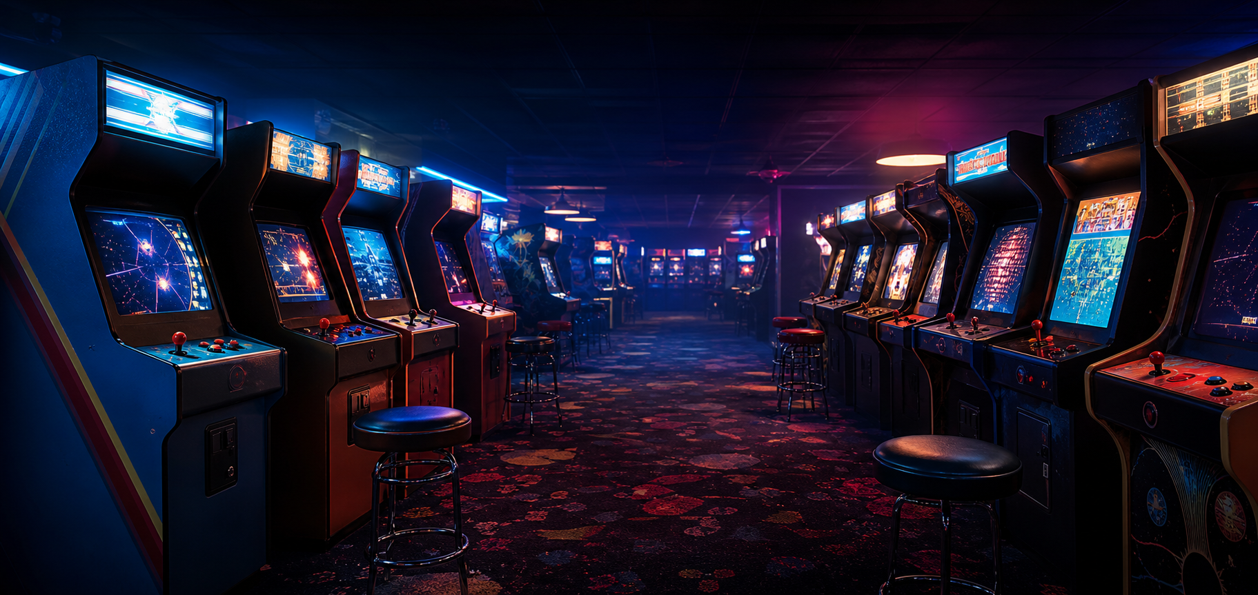 Entrée du Salon des jeux avec deux rangées de bornes